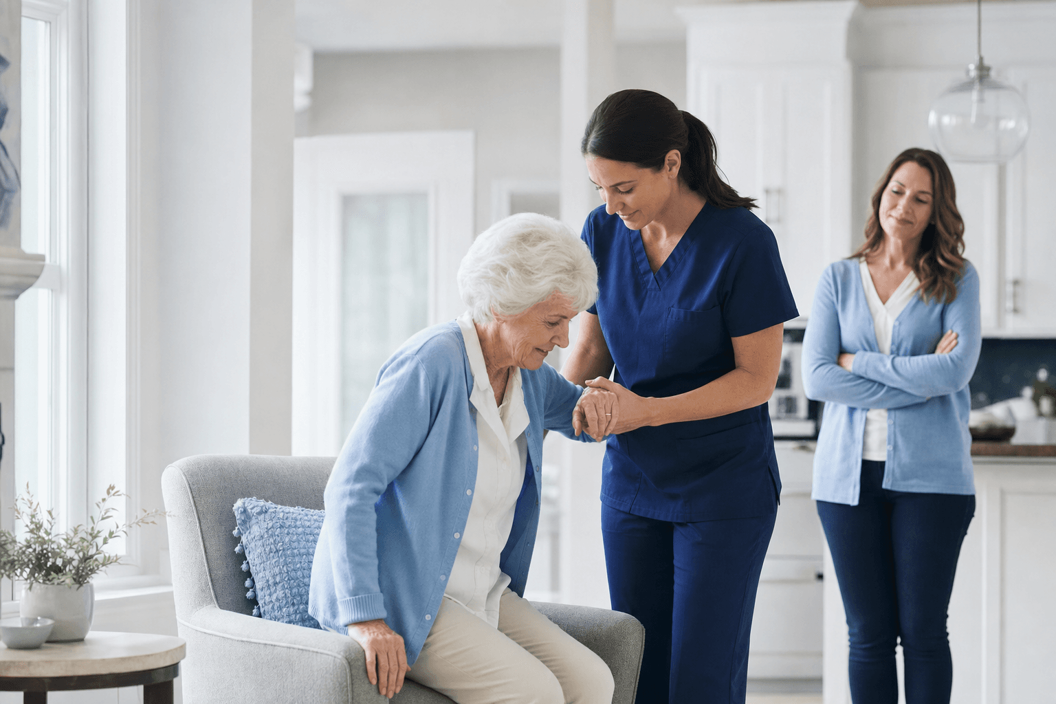 Home health aide helping an older adult at home