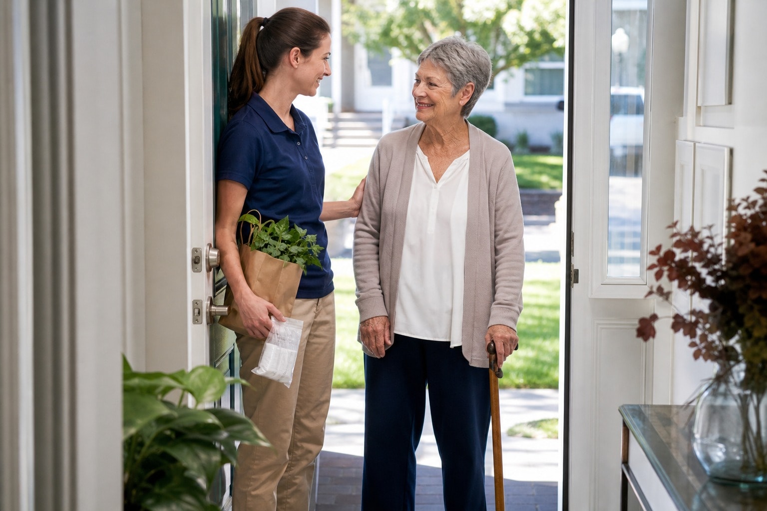 Caregiver welcoming an older adult home at the front door
