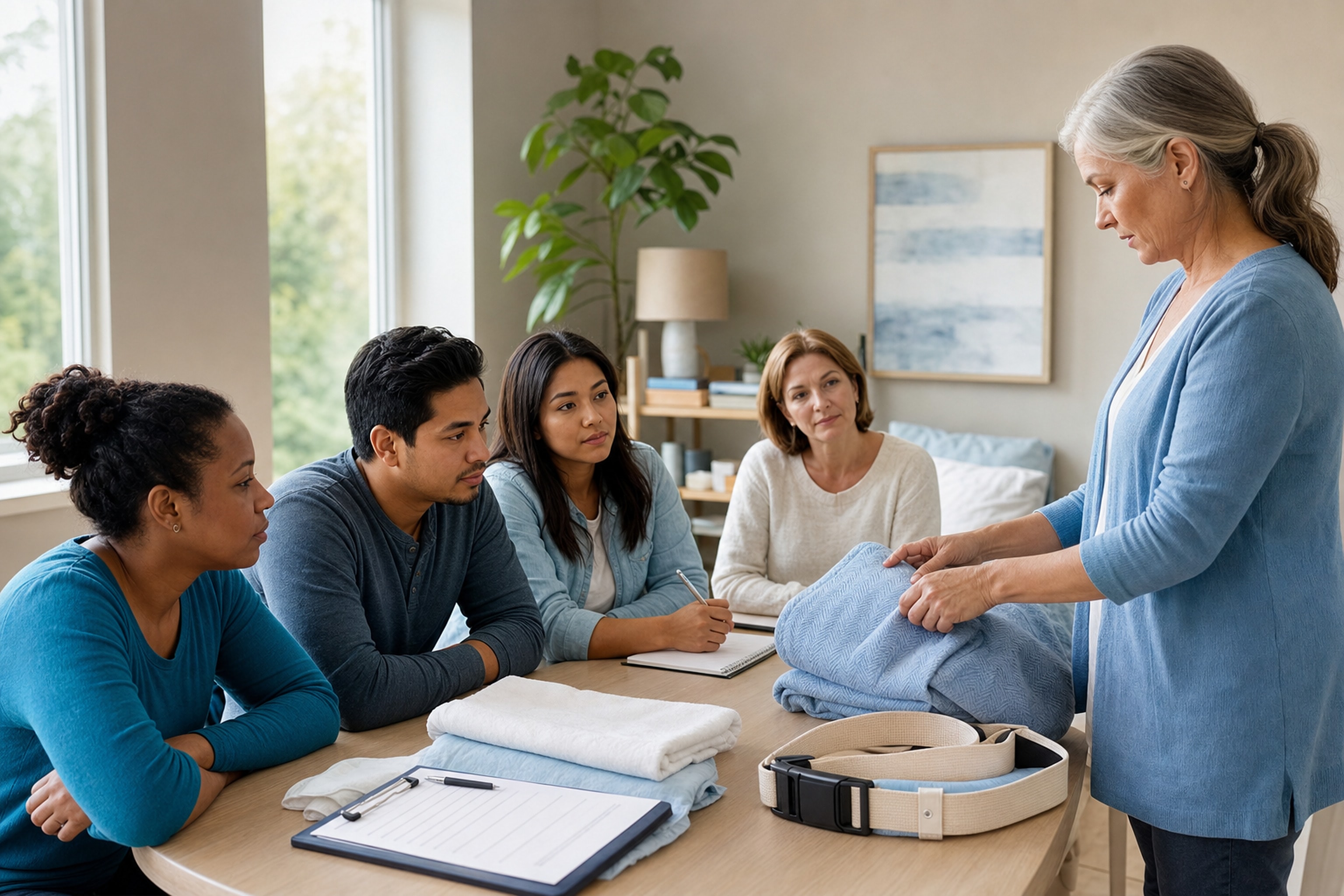 Instructor demonstrating home care skills in a small training classroom